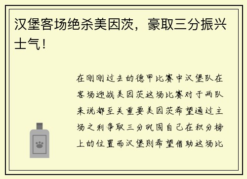 汉堡客场绝杀美因茨，豪取三分振兴士气！