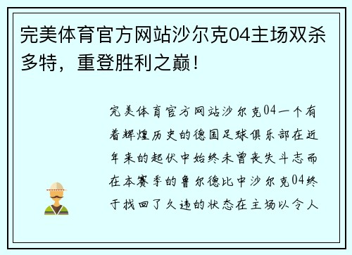 完美体育官方网站沙尔克04主场双杀多特，重登胜利之巅！