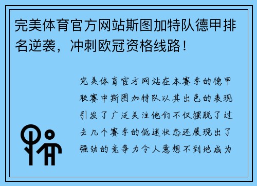 完美体育官方网站斯图加特队德甲排名逆袭，冲刺欧冠资格线路！