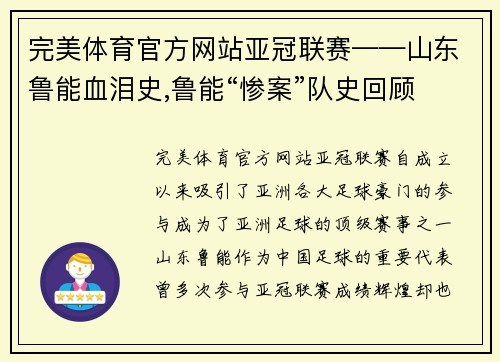 完美体育官方网站亚冠联赛——山东鲁能血泪史,鲁能“惨案”队史回顾