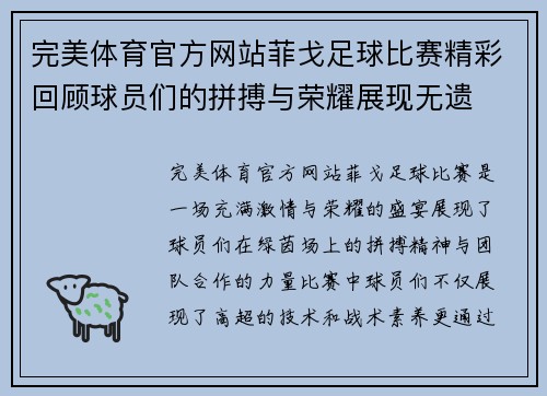 完美体育官方网站菲戈足球比赛精彩回顾球员们的拼搏与荣耀展现无遗