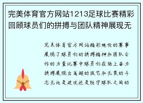 完美体育官方网站1213足球比赛精彩回顾球员们的拼搏与团队精神展现无遗