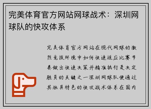 完美体育官方网站网球战术：深圳网球队的快攻体系